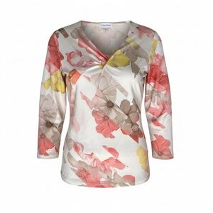 Calvin Klein Women's Long Sleeve Floral Top size S 3/4 sleeves Neutral colors